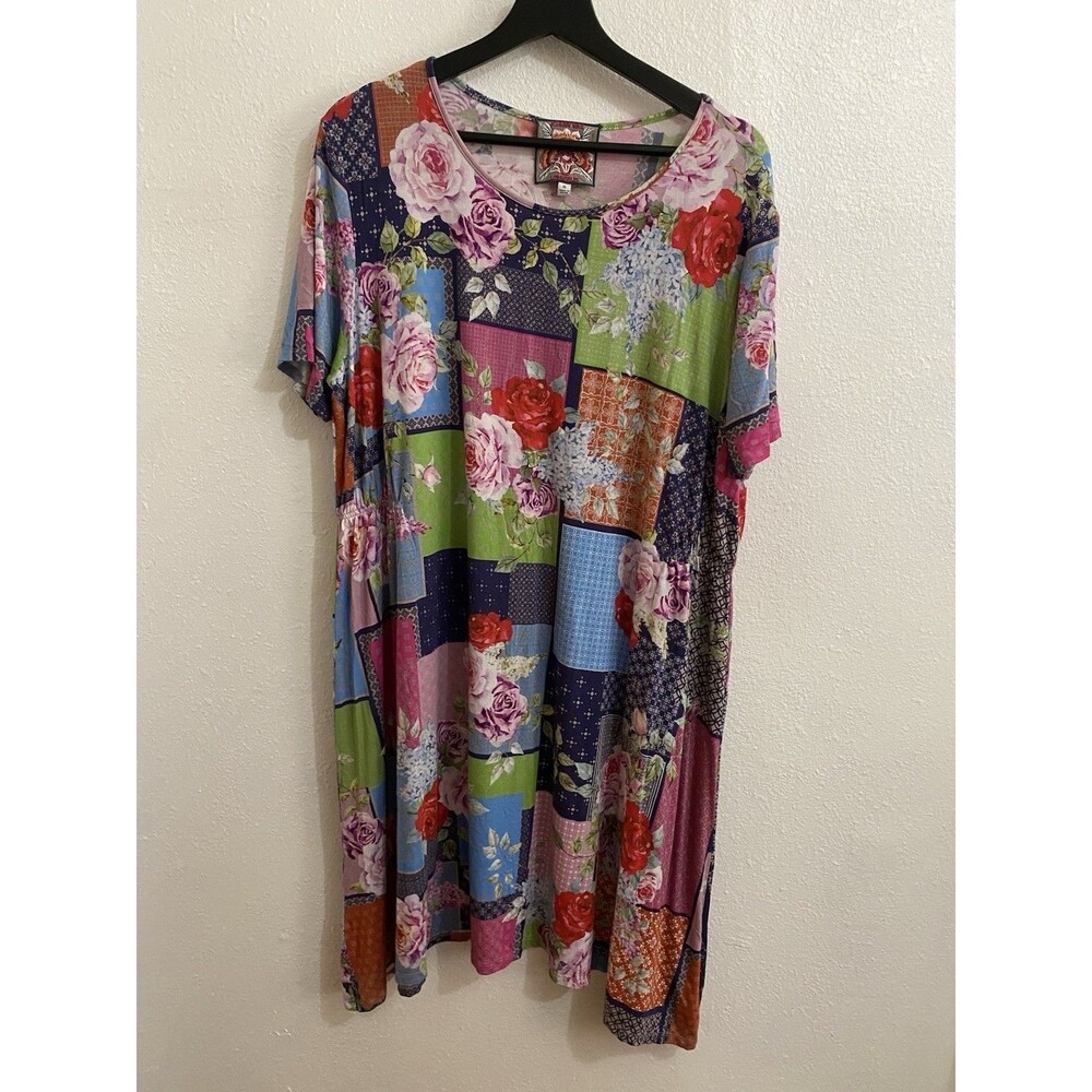 Johnny Was Women’s Jersey Knit Pullover Stretchy Boho Patchwork Dress XL D34